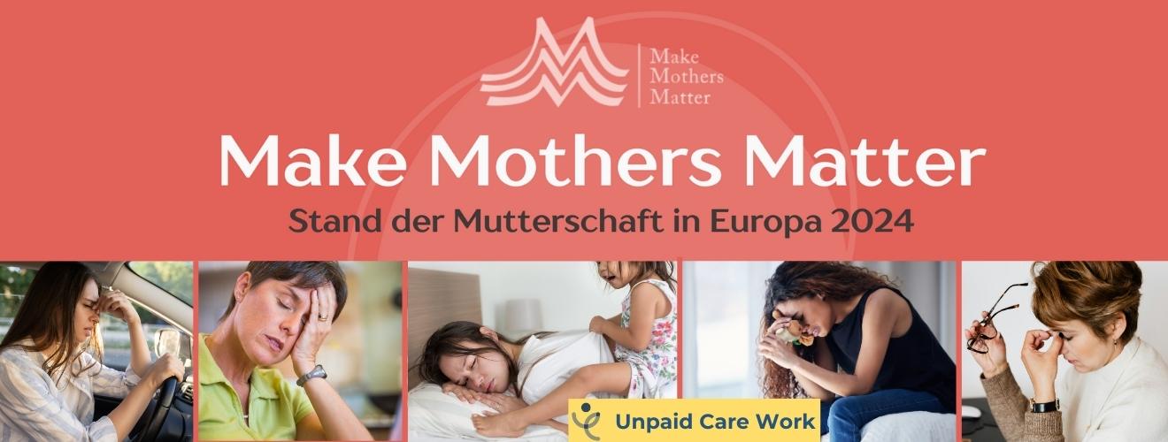 Weißer Schriftzug der Make Mother Matter Studie auf rotem Hintergrund und Bilder von erschöpften Frauen im Vordergrund