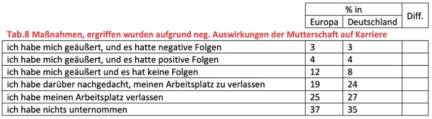 Tabellarische Zusammenstellung über die Maßnahmen, die ergriffen aufgrund negative Auswirkungen der Mutterschaft und Karriere im europäischen Vergleich