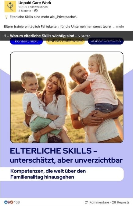 Social-Media-Slide-&Uuml;bersicht zur Kampagne Sag es Laut mit Aussage, dass elterliche Kompetenzen oft untersch&auml;tzt aber unverzichtbar sind. Mit Logos kontakt next, Unpaid Care Work, JOBS FOR MOMS.