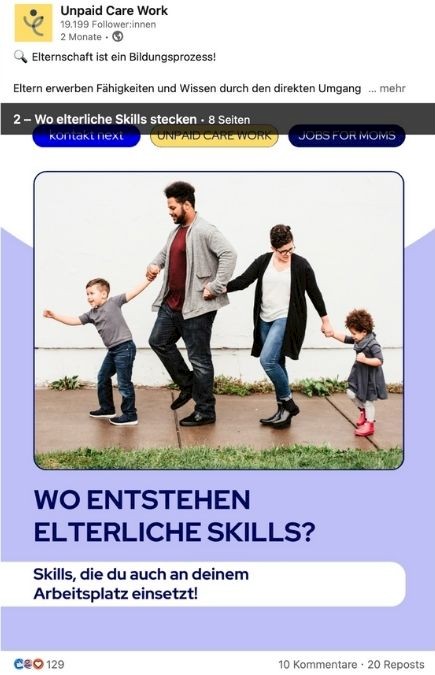 Social-Media-Slide-&Uuml;bersicht zur Kampagne Sag es Laut mit Beispielen, wo elterliche Kompetenzen entstehen: bei der Unterst&uuml;tzung der Hausaufgaben, im allt&auml;glichen Haushalt. Mit Appell, dass sich alle daran erinnern sollen, was sie tagt&auml;glich leisten.