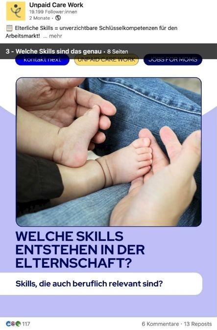 Social-Media-Slide-&Uuml;bersicht zur Kampagne Sag es Laut mit Beispielen, wo elterliche Skills auch beruflich relevant sind. Darunter emotionale und soziale Intelligenz, Management und F&uuml;hrung, Organisationsf&auml;higkeit. Und Appell, diese Kompetenzen auch im Lebenslauf einzutragen.