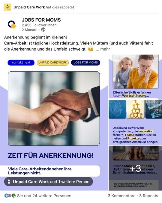 Social-Media-Slide-&Uuml;bersicht zur Kampagne Sag es Laut mit Aussagen dazu, dass elterliche Skills in den Lebenslauf geh&ouml;ren und wie Unternehmen diese Schl&uuml;sselqualifikationen besser erkennen k&ouml;nnen.