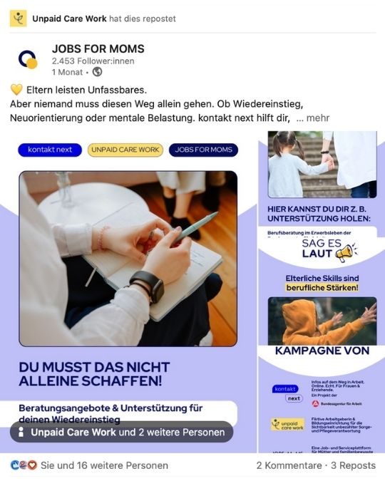 Social-Media-Slide-&Uuml;bersicht zur Kampagne Sag es Laut mit Aussagen dazu, dass Eltern Beratungsangebote und Unterst&uuml;tzung f&uuml;r den Wiedereinstieg nutzen k&ouml;nnen.