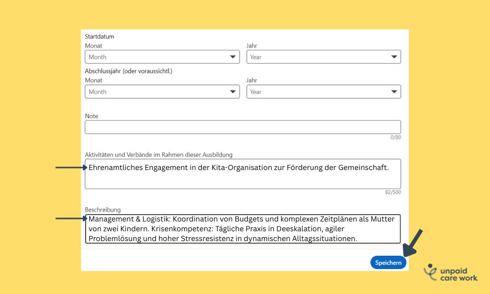 Screenshots des Formularabschnitts unter Ausbildung