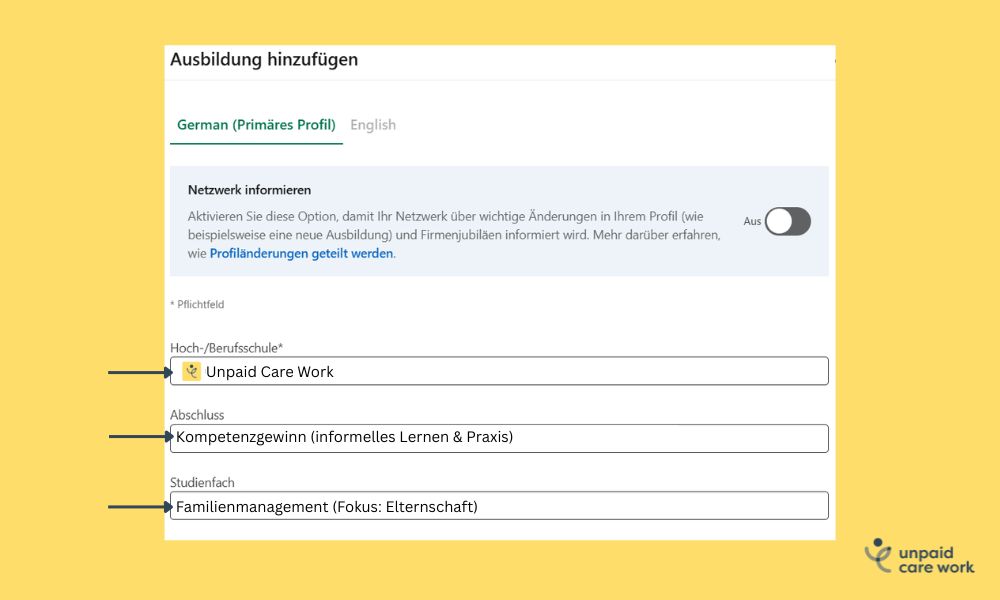 Screenshot mit den beispielhaften Angaben zu Abschluss: &bdquo;Kompetenzgewinn (informelles Lernen & Praxis)" und Studienfach: &bdquo;Familienmanagement (Fokus: Elternschaft)"