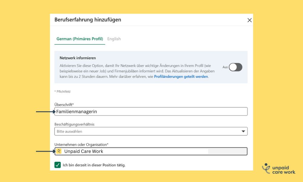 Screenshots des Formularabschnitts unter Berufserfahrung mit Feld f&uuml;r Beschreibung