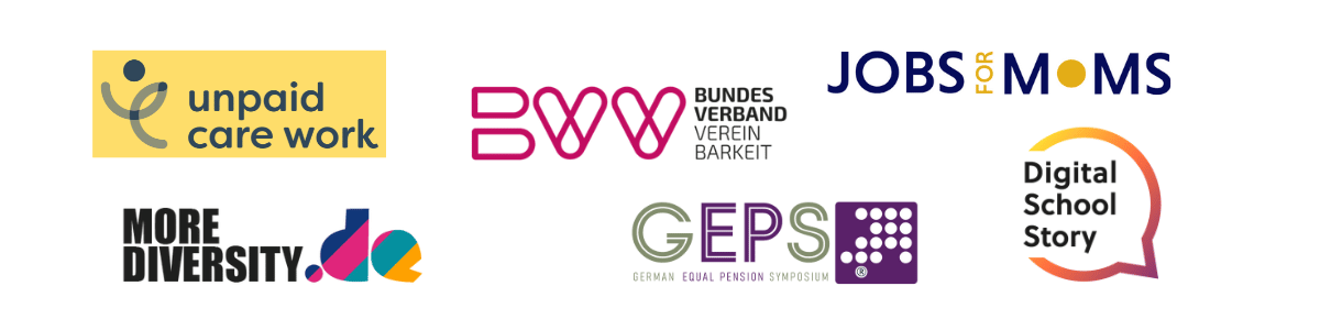 Logos von Unpaid Care Work, MoreDiversity, Bundesverband Vereinbarkeit, German Equal Pension Symposium, Jobs for Moms, Digital School Story