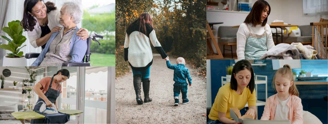 Collage mit Frauen beim Bügeln in der Pflege beim Wäsche zusammen sortieren und mit Kindern