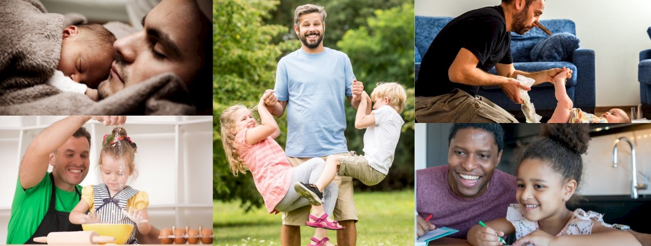 Collage mit Männern in der Pflege und mit Kindern